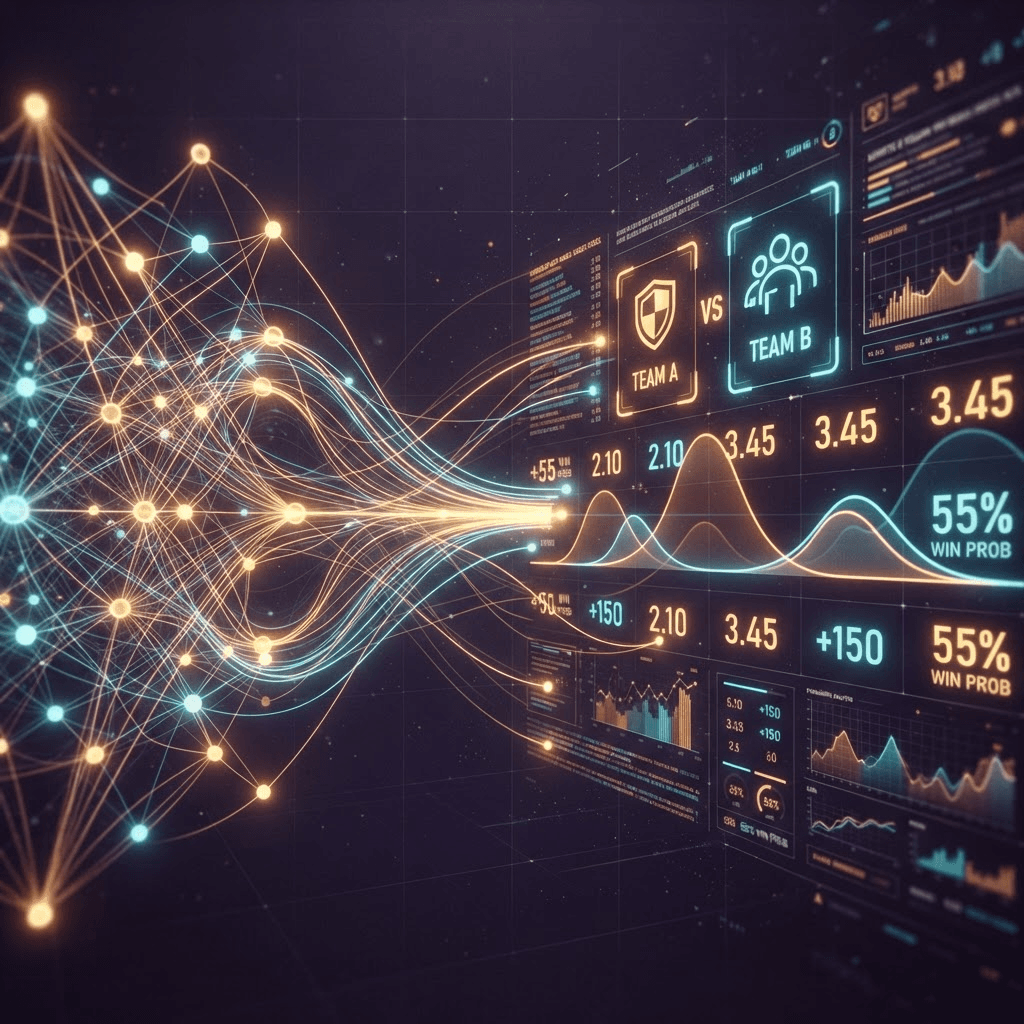 Visualization of an AI model analyzing sports betting odds and probabilities