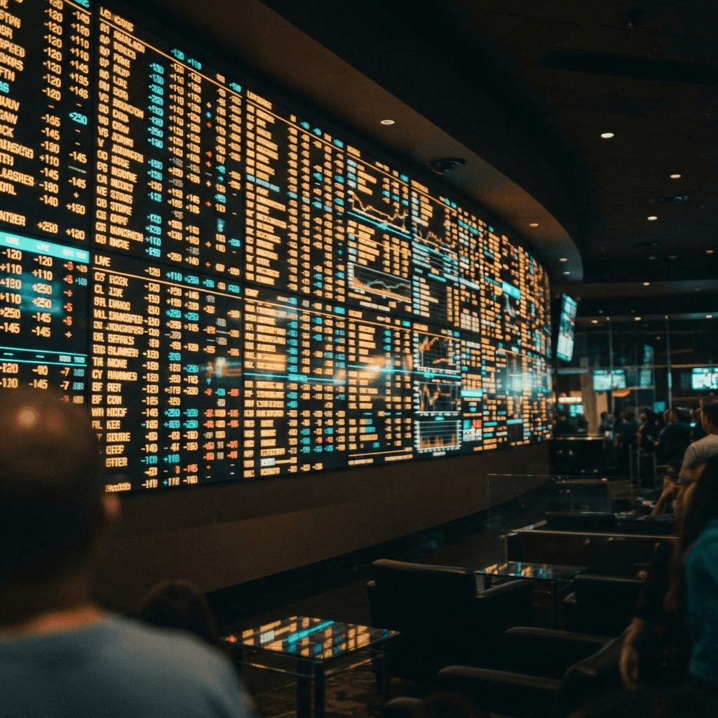 A wall of live sportsbook odds boards showing money-line prices updating in real time